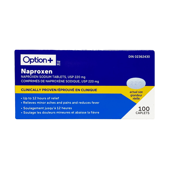 Option+ Comprimés de naproxène sodique USP 220 MG - 12HR | 100 capsules