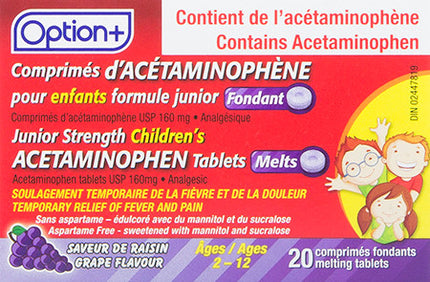 Option+ Junior Strength Acetaminophen Melts Tablets - Grape Flavour | 20 Melting Tablets