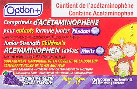 Comprimés fondants d'acétaminophène de force junior Option+ - Saveur de raisin | 20 comprimés fondants