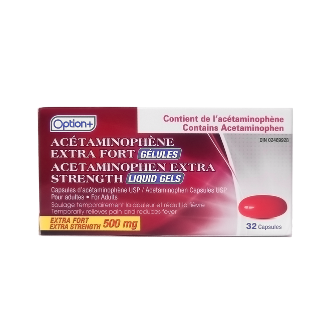 Option+ Acétaminophène Extra Fort Gels Liquides 500 mg | 32 Gélules
