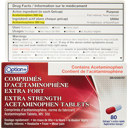 Option+ Extra Strength Acetaminophen Rapid Action Gelcaps - 500 mg | 80 Gelcaps