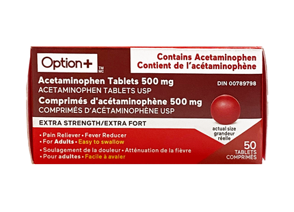 Option+ Comprimés d'acétaminophène 500 mg, extra fort | 50 comprimés