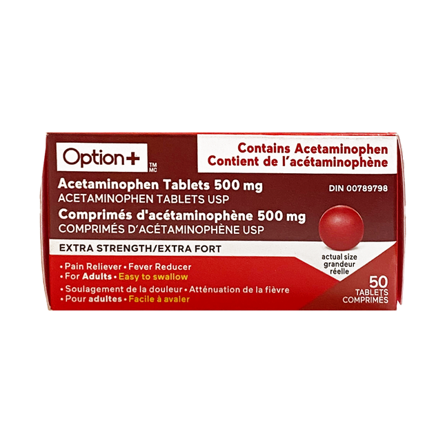 Option+ Comprimés d'acétaminophène 500 mg, extra fort | 50 comprimés