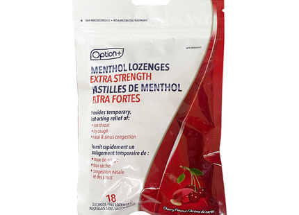 Option+ Menthol Lozenges Extra Strength, Cherry | 18 Sucrose-Free Lozenges
