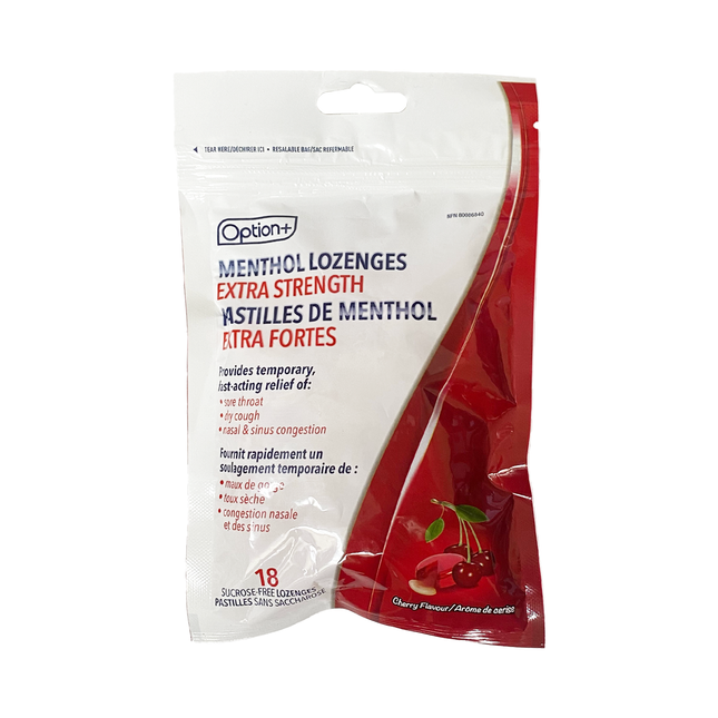 Option+ Menthol Lozenges Extra Strength, Cherry | 18 Sucrose-Free Lozenges