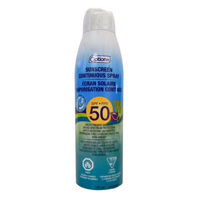 Option+ Sunscreen SPF 50 Non Greasy Continuous Spray | 177 mL