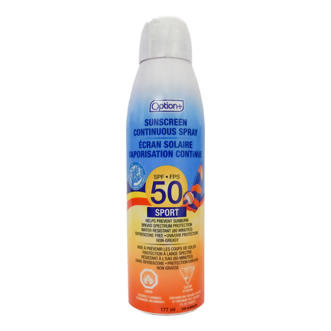 Option+ Sport Sunscreen SPF 50 Non Greasy Continuous Spray | 177 mL