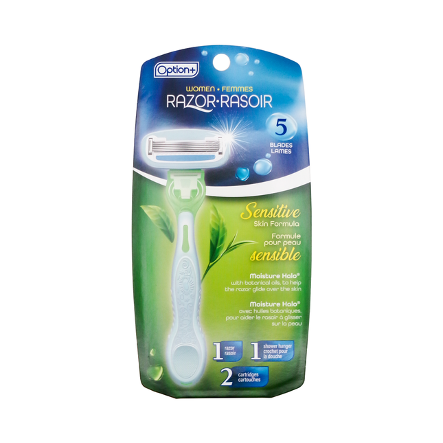 Option+ Five Blade Women Razor for Sensitive Skin | 1 Razor and 2 Cartridges