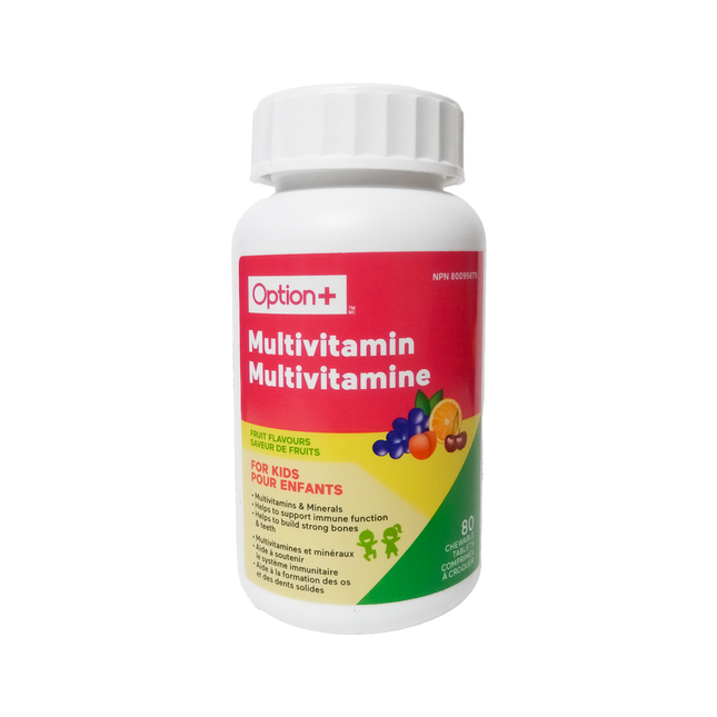 Option+ Multivitamines pour enfants - Saveur de fruits | 80 comprimés à croquer