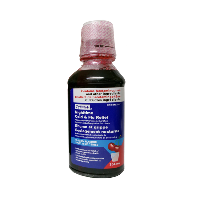 Option+ - Nighttime Cold & Flu Relief Syrup - Cherry Flavour | 354 mL