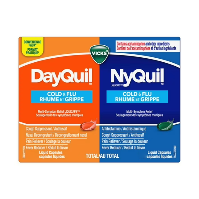 Vicks - Cold & Flu Convenience Pack | 16 Dayquil Liquid + 8 Nyquil Liquid Capsules