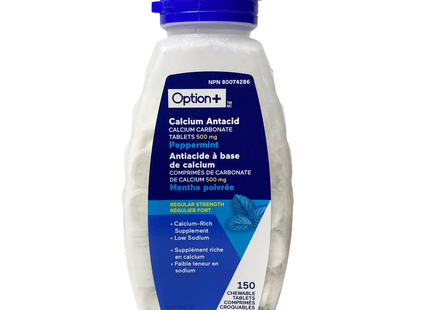 Option+ Calcium Antiacide 500 mg, saveur menthe poivrée | 150 comprimés à croquer