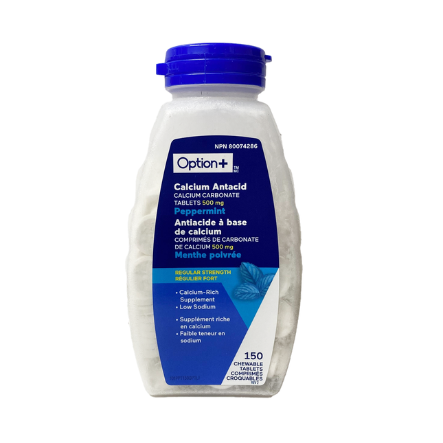 Option+ Carbonate de Calcium Antiacide 500 mg Saveur Menthe Poivrée | 150 comprimés à croquer