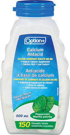 Option + - Calcium Carbonate Antacid 500 mg - Regular Strength - Peppermint Flavour  | 150 Chewable Tablets