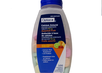 Option+ Antiacide au calcium extra fort, saveurs de fruits assortis | 100 comprimés à croquer