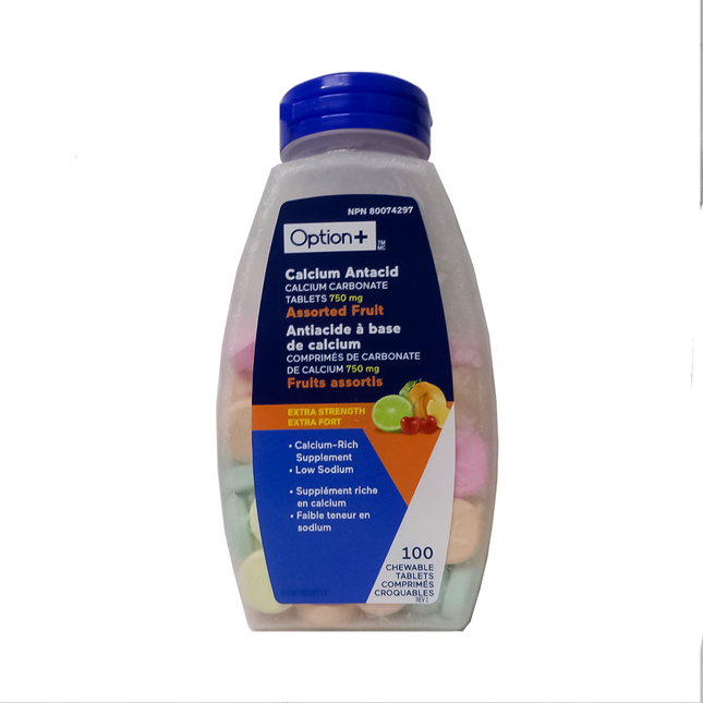 Option+ Antiacide au calcium extra fort, saveurs de fruits assortis | 100 comprimés à croquer