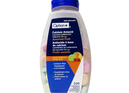 Option+ Calcium Antacid Extra Strength, Assorted Fruit | 100 Chewable Tablets