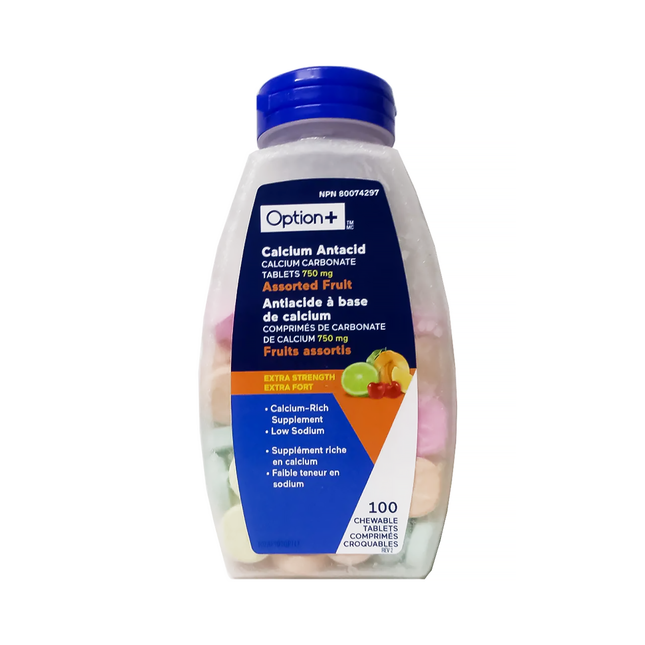 Option+ Calcium Antacid Extra Strength, Assorted Fruit | 100 Chewable Tablets