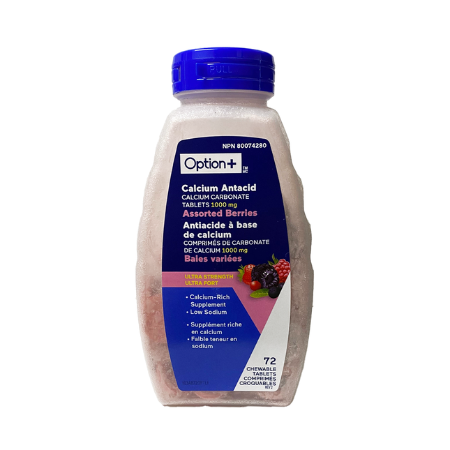 Option+ Antiacide de calcium 1000 mg Saveur de baies assorties | 72 comprimés