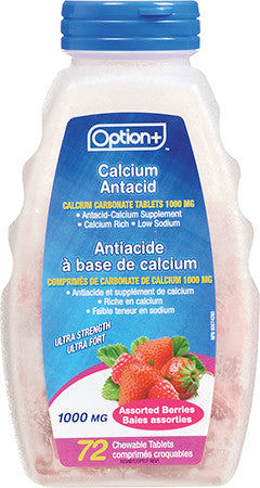 Option+ Antiacide de calcium 1000 mg Saveur de baies assorties | 72 comprimés