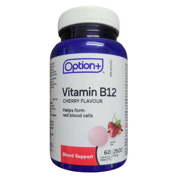 Option+ Vitamine B12 2500 mcg Multivitamine - Saveur Cerise | 60 comprimés