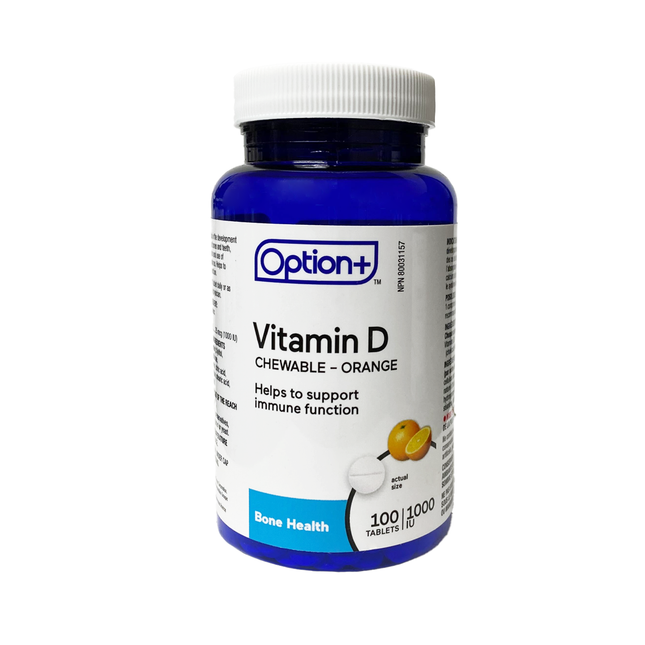 Option+ Vitamine D à croquer 1 000 UI, multivitamine, orange | 100 comprimés