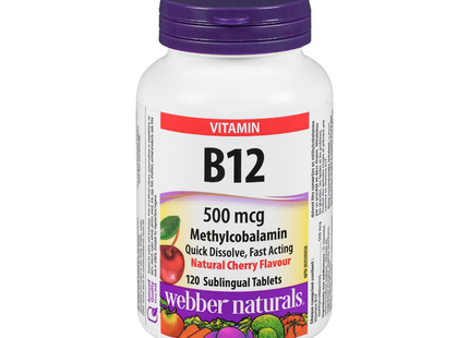 Webber Naturals - Vitamine B12 500 mcg, saveur naturelle de cerise | 120 comprimés sublinguaux