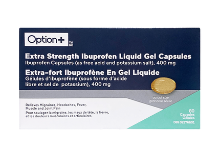 Option+ Ibuprofen Liquid Gel Capsules 400 mg, Extra Strength | 80 Capsules