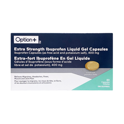 Option+ Capsules de gel liquide d'ibuprofène 400 mg, extra fort | 80 capsules