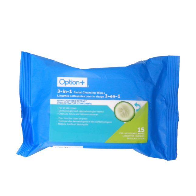 Lingettes nettoyantes pour le visage Option+ 3IN1 - Avec extrait de concombre | 15 lingettes pré-humidifiées
