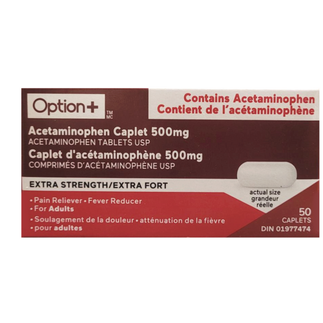 OPTION+ - Acetaminophen Caplet 500mg - Extra Strength | 50 Caplets