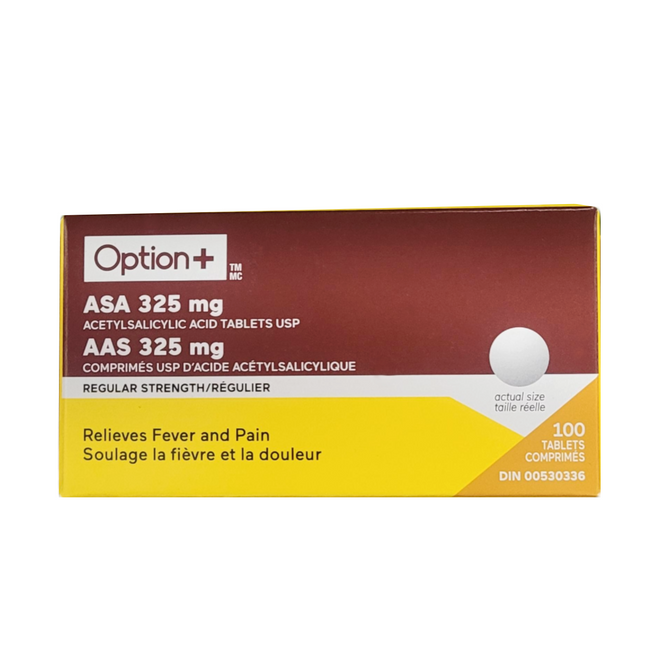 Option+ ASA Acide acétylsalicylique 325 mg force régulière | 100 comprimés