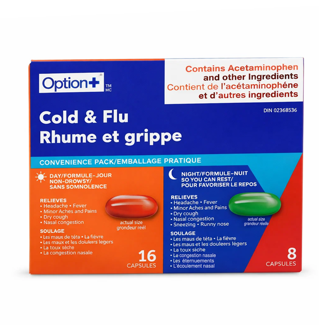 Option+ Cold & Flu Day + Night Formula | 16 + 8 Capsules