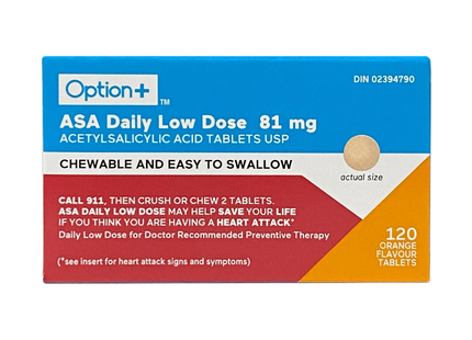 Option+ ASA Daily Low Dose 81 mg, saveur orange | 120 comprimés