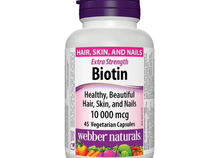 WEbber Naturals Cheveux, peau et ongles Biotine extra forte 10 000 mcg | 45 capsules végétariennes