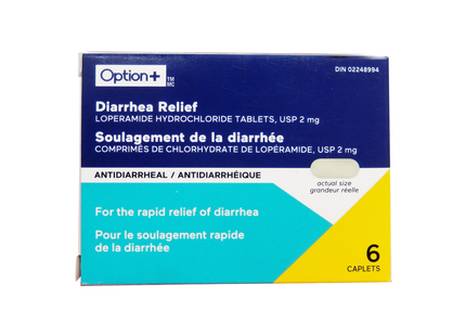 Option+ Soulagement de la diarrhée 2 mg | 6 caplets