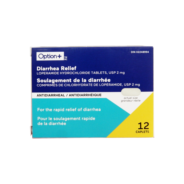Option+ Soulagement de la diarrhée Caplets de 2 mg | 12 caplets