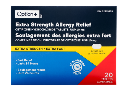 Option+ Soulagement extra fort des allergies Chlorhydrate de cétirizine 10 mg | 20 comprimés