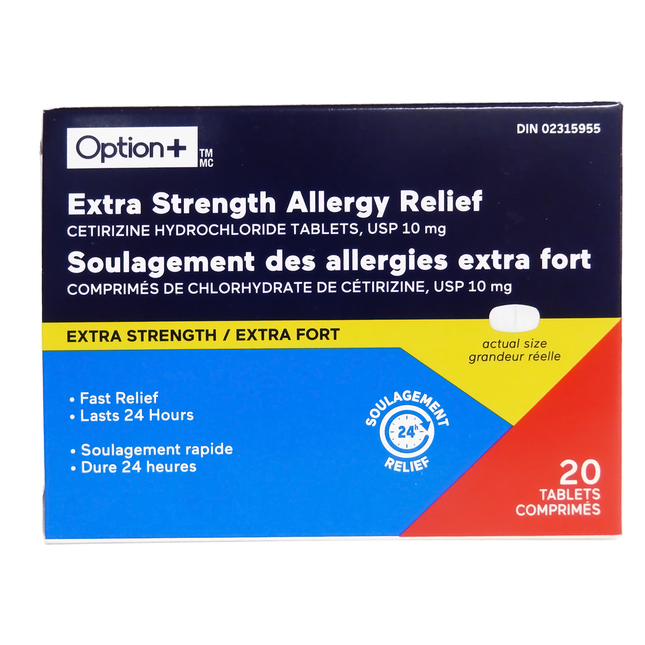 Option+ Soulagement des allergies extra fort 10 MG | 20 comprimés