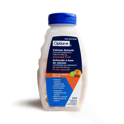 Option+ Antiacide au calcium, force régulière, fruits assortis | 150 comprimés à croquer