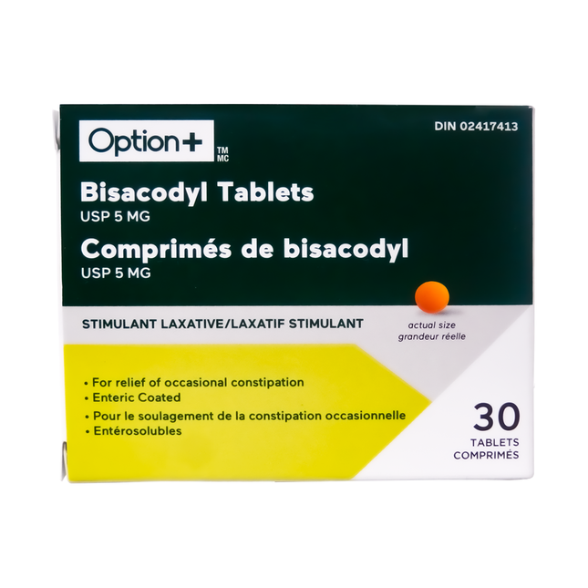 Comprimés de bisacodyl laxatifs stimulants Option+ USP 5 mg | 30 comprimés