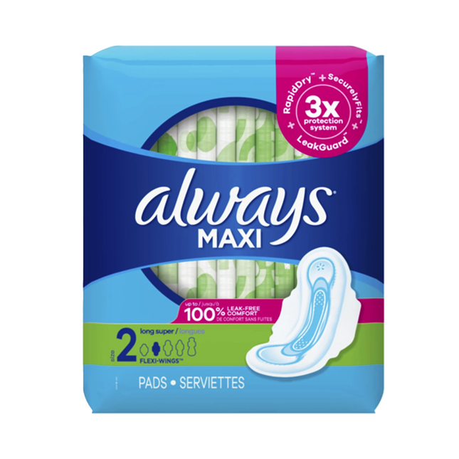 Always - Maxi Long Super Pads with Flex Wings, Size 2 | 18 Pads