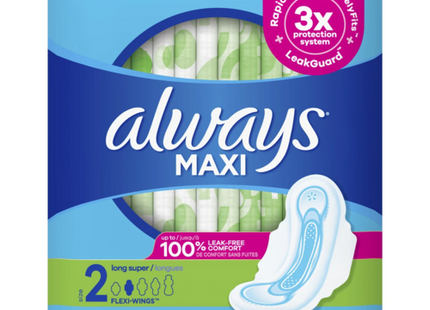 Always - Maxi Long Super Pads with Flex Wings - Size 2 | 18 Pads