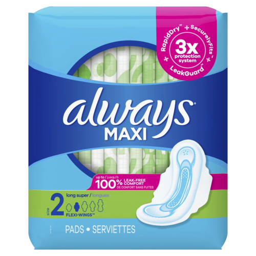 Always - Maxi Long Super Pads with Flex Wings - Size 2 | 18 Pads