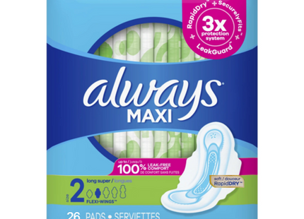Always - Maxi Long Super Pads with Flex Wings - Size 2 | 26 Pads