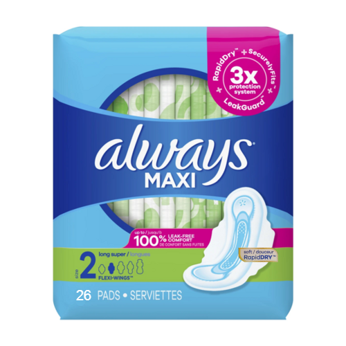 Always - Maxi Long Super Pads with Flex Wings - Size 2 | 26 Pads