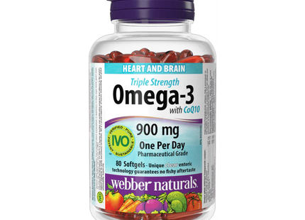 Webber Naturals - Omega-3 with CoQ10 900 mg EPA/DHA, Triple Strength | 80 Clear Enteric Softgels