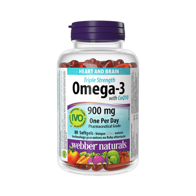 Webber Naturals - Oméga-3 avec CoQ10 900 mg EPA/DHA, triple concentration | 80 gélules molles entériques transparentes