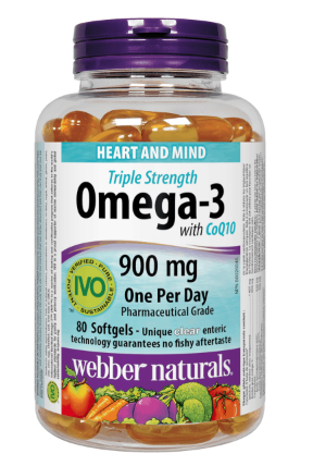 Webber Naturals Oméga-3 avec CoQ10 900 mg EPA/DHA triple force | 80 gélules entériques claires