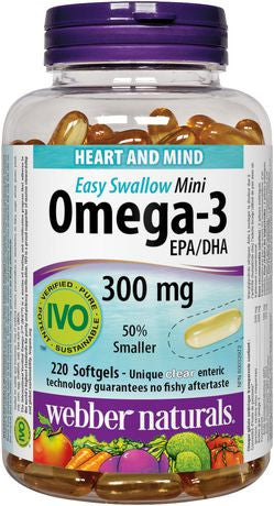 Webber Naturals Oméga-3 Mini 300 mg EPA/DHA Facile à avaler | 220 gélules entériques claires